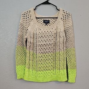 American Eagle Outfitters Green/Tan/Cream Crochet Knit Sweater, Womens Medium
